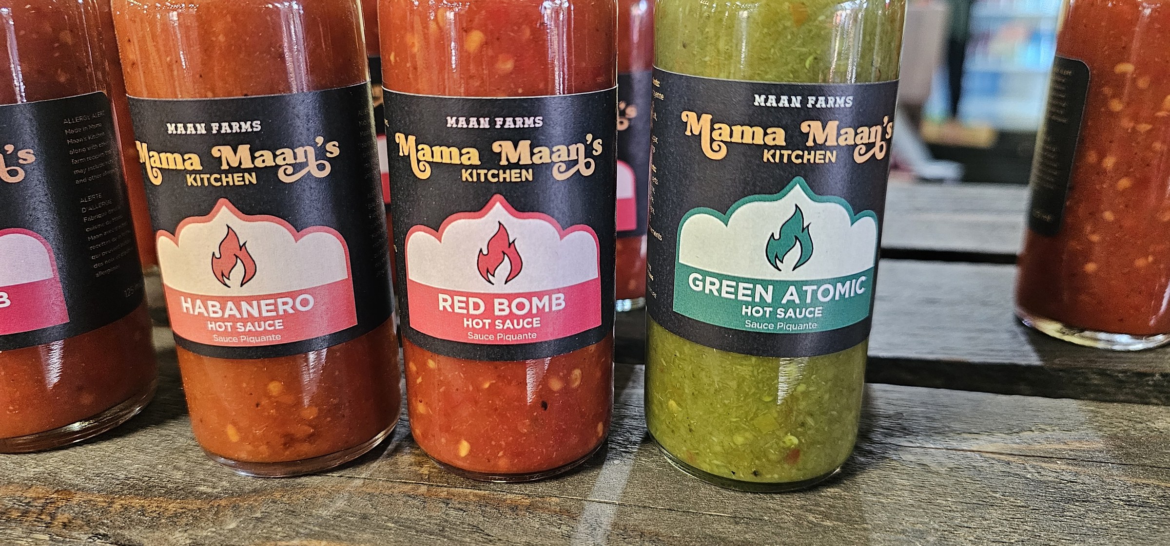 Hot sauce, 3 SKUs &mdash; before, unedited phone photo